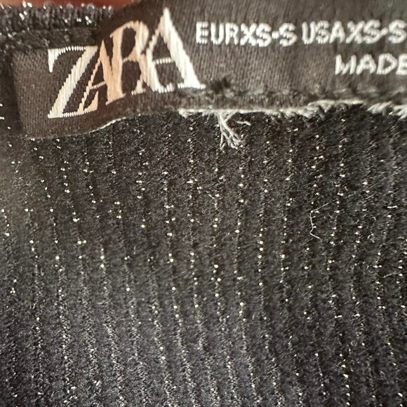 Zara Black Silver Metallic XS Cropped Scoop Neck Long Sleeve Y2K Glam Top - Picture 2 of 6